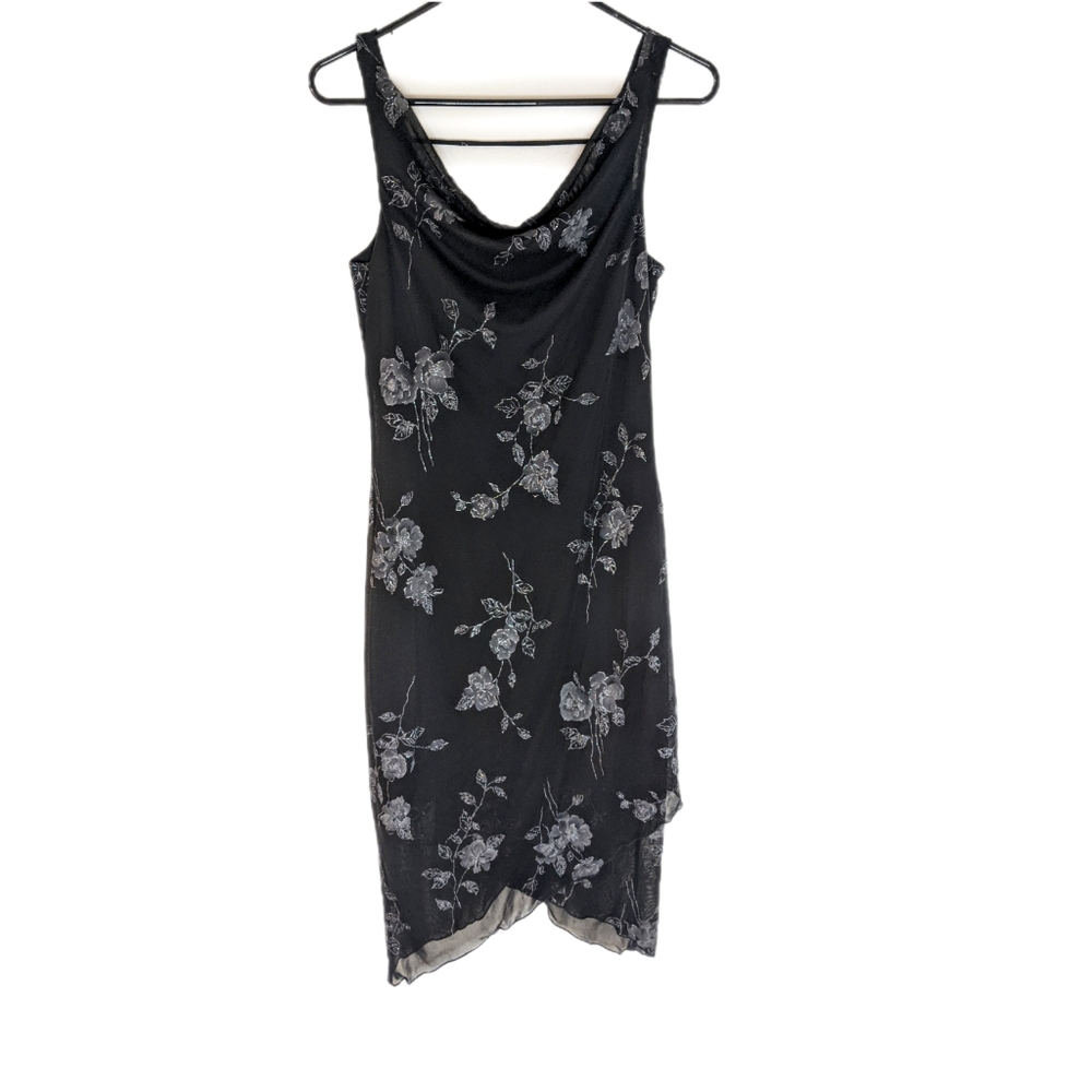 Vintage 2000s Black Floral Fairycore Grunge Draped Neck Slip On Dress